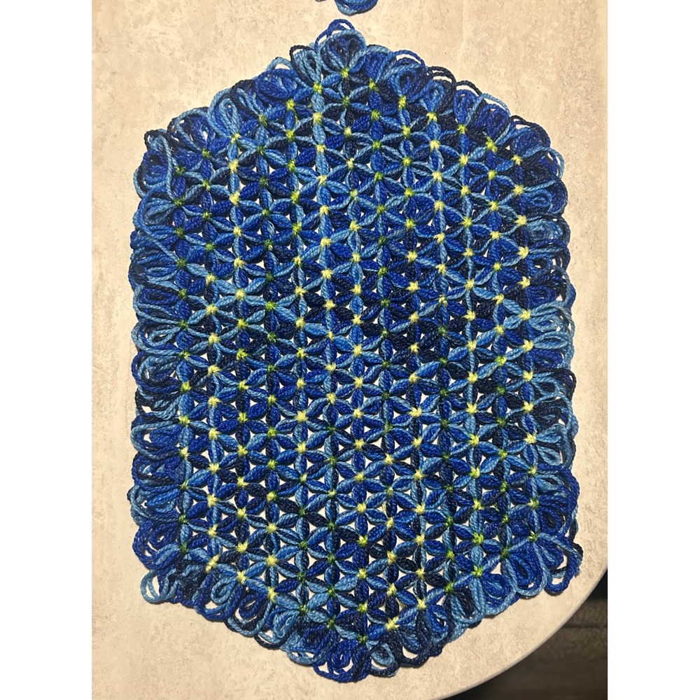 Vintage Handmade Woven Blue Green Floral Placemats Set of 4 Retro Boho Decor.GM